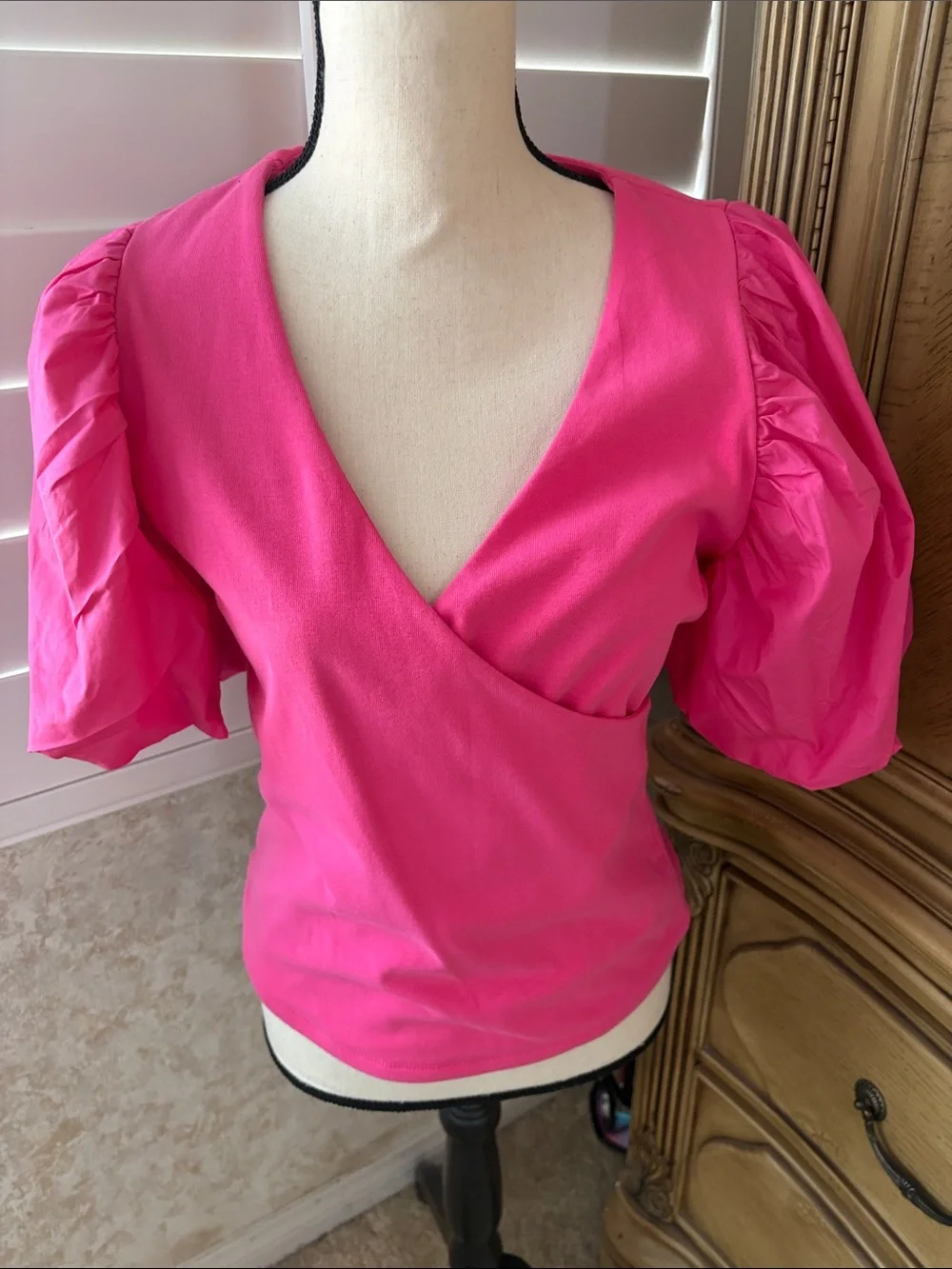 Anthropologie Maeve Hot Pink Puff Sleeve Wrap Top - Picture 1 of 4